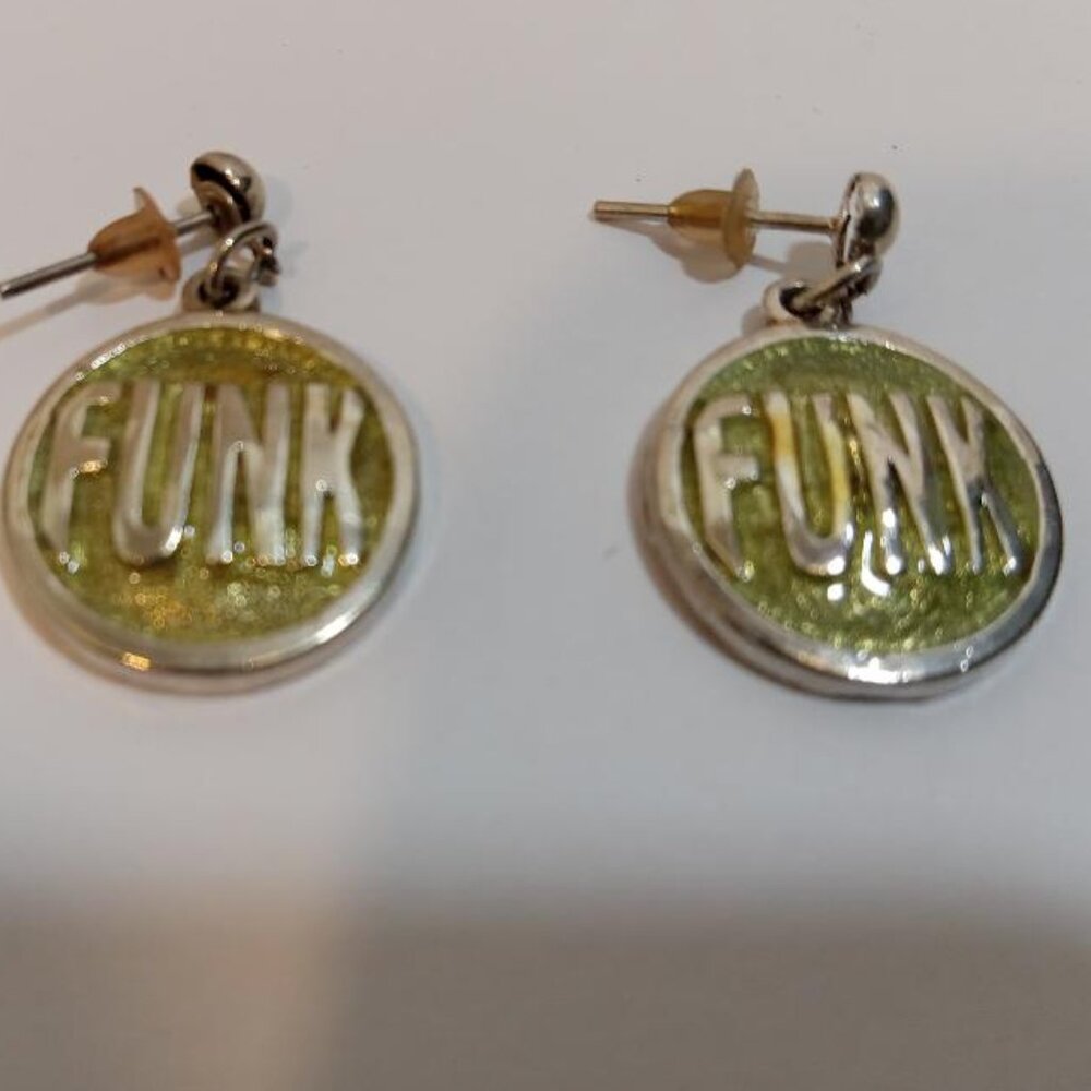 Fashion Earrings Silver Tone FUNK Pierced Green Tinted Back Color Dangle 1.5 In